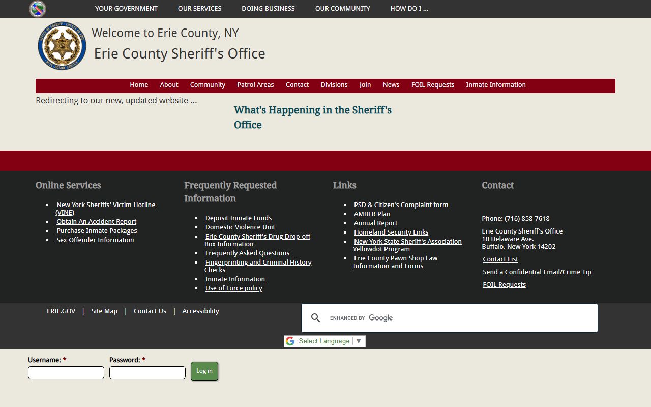Erie County Sheriff website for Buffalo arrest records and booking data