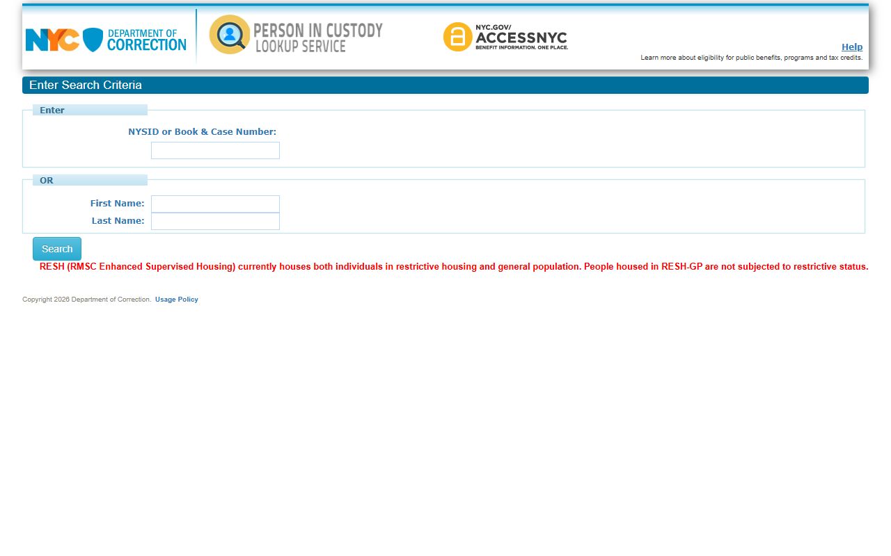 NYC Department of Correction inmate lookup for New York City arrest records