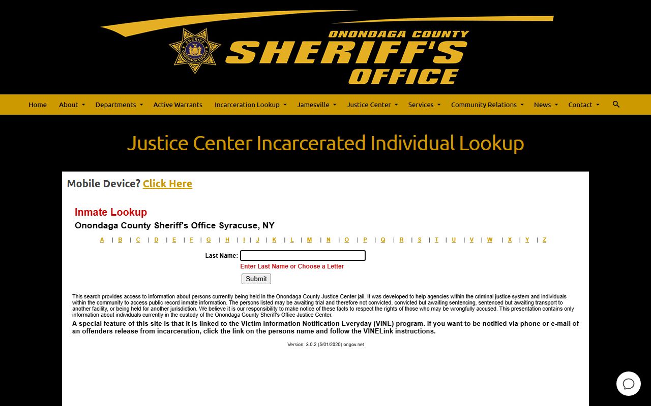 Onondaga County inmate lookup system for Syracuse arrest records