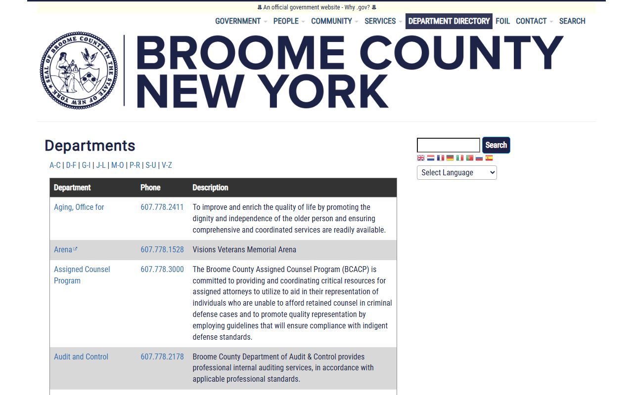 Broome County government departments page for Union arrest records and sheriff information