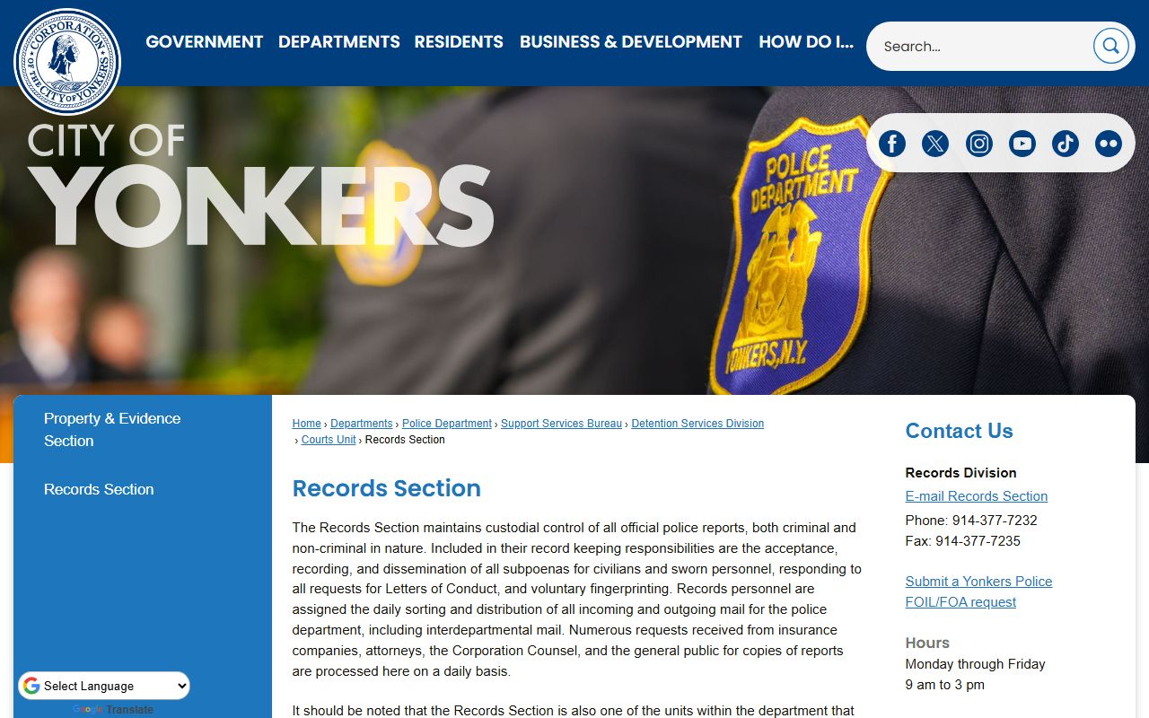 Yonkers Police Department records section for arrest records and busted mugshots