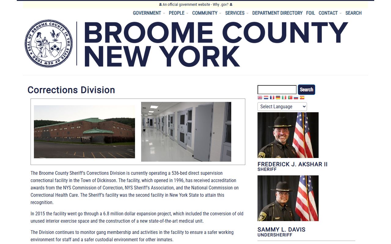 Broome County Corrections Division page for Broome County arrest records lookup