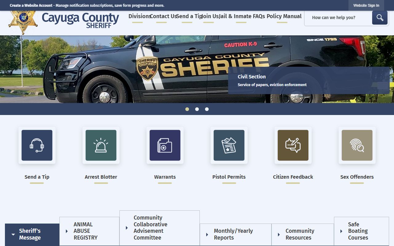 Cayuga County Sheriff's Office website for Cayuga County arrest records search