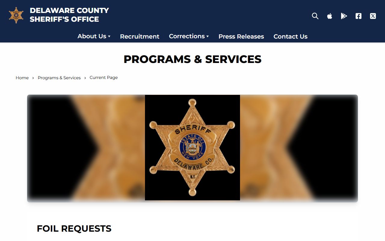 Delaware County FOIL request page for accessing arrest records and busted mugshots