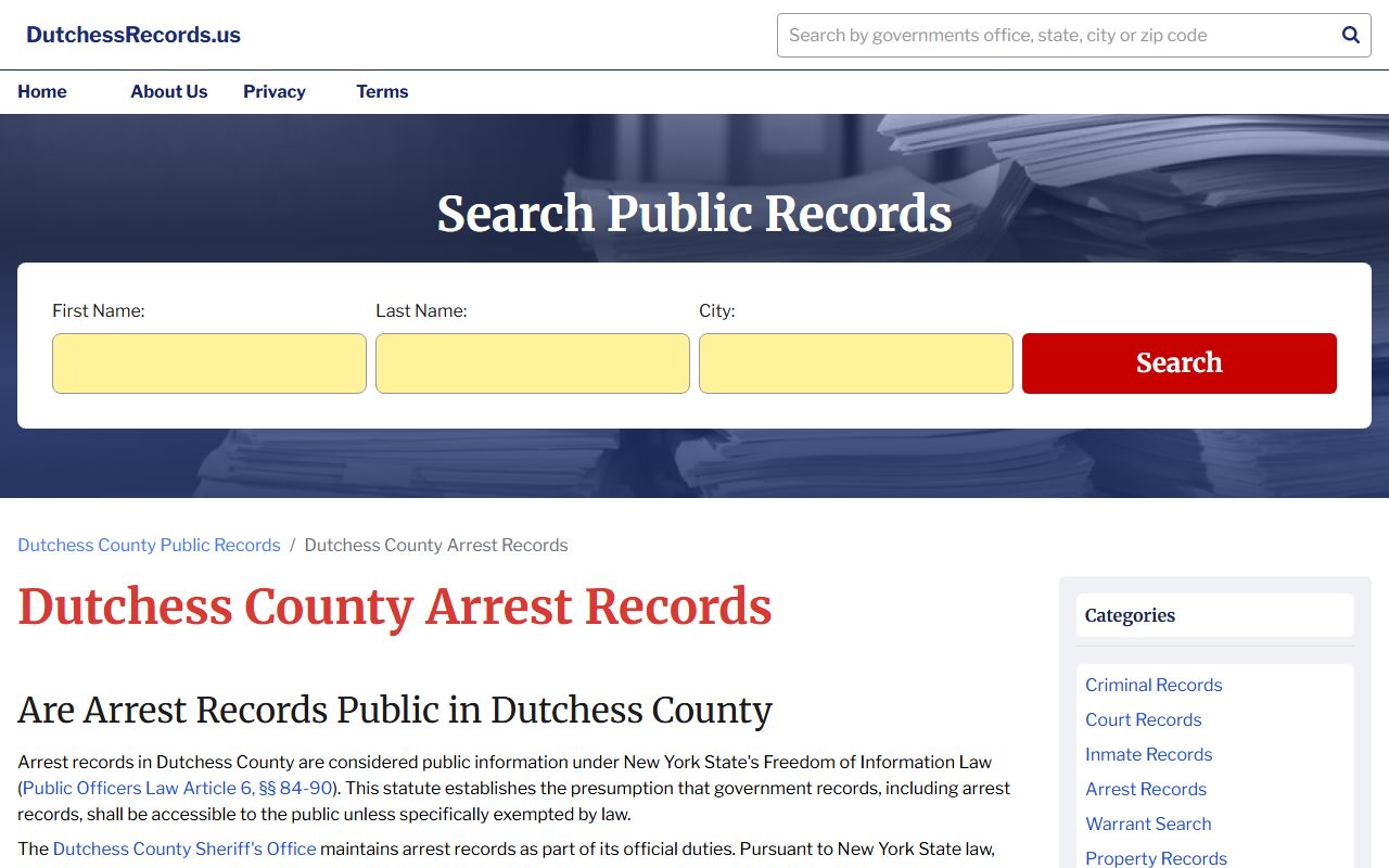 Dutchess County arrest records search page for busted mugshots