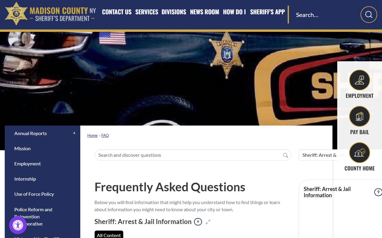 Madison County Jail FAQ page for Madison County arrest records