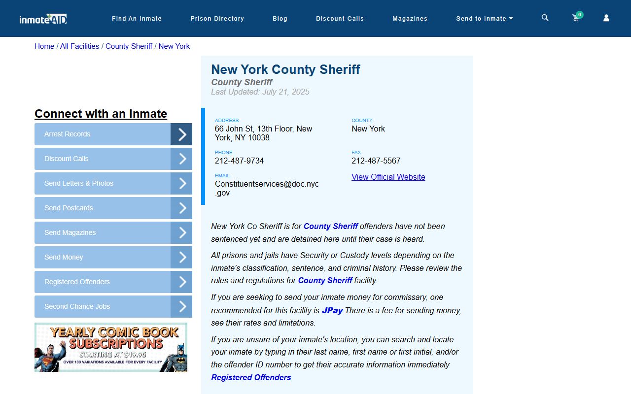 New York County Sheriff's Office information for New York County arrest records
