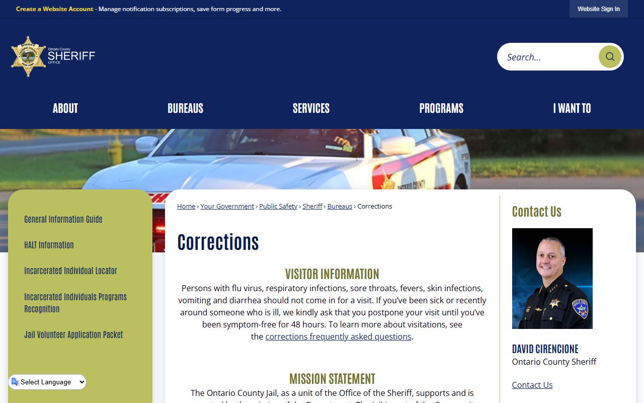 Ontario County Corrections Division page for Ontario County arrest records
