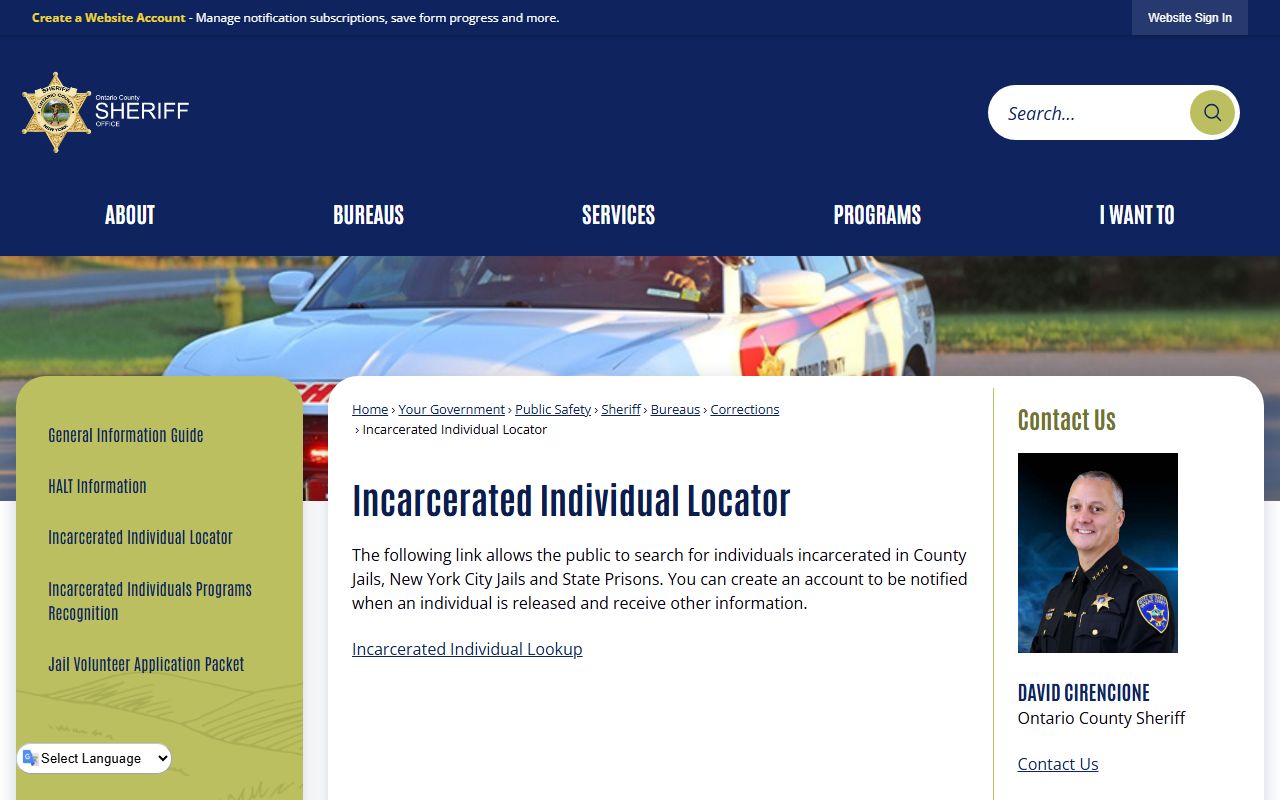Ontario County Inmate Locator search page for arrest records