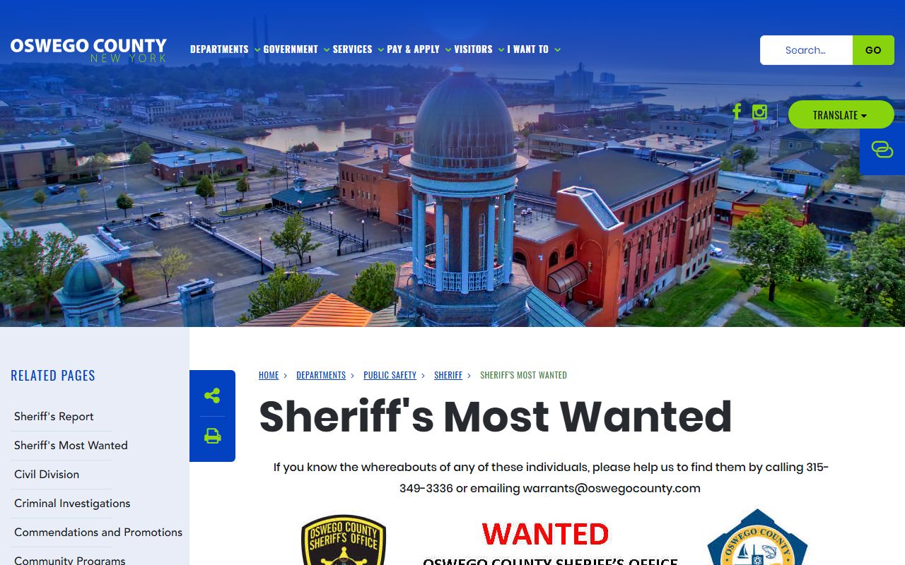 Oswego County Sheriff Most Wanted page for Oswego County arrest records