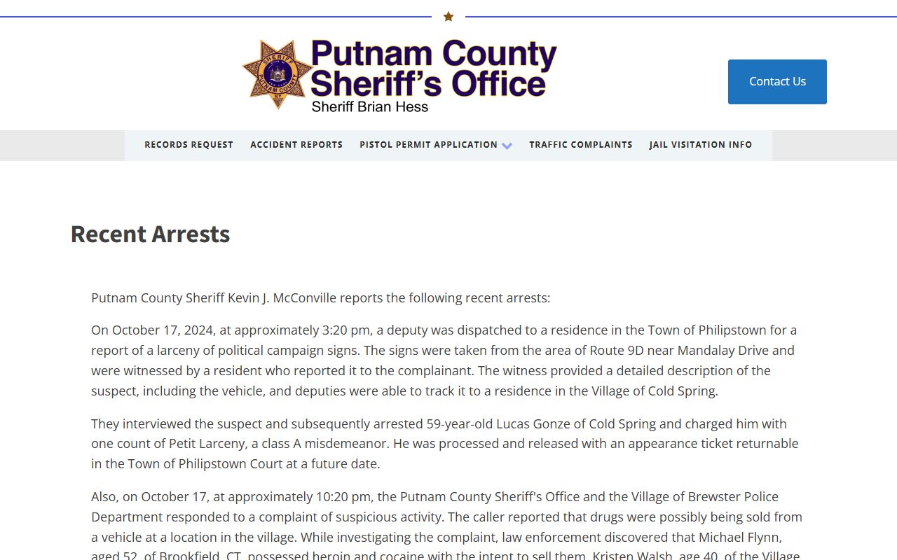 Putnam County Sheriff recent arrests page for Putnam County arrest records