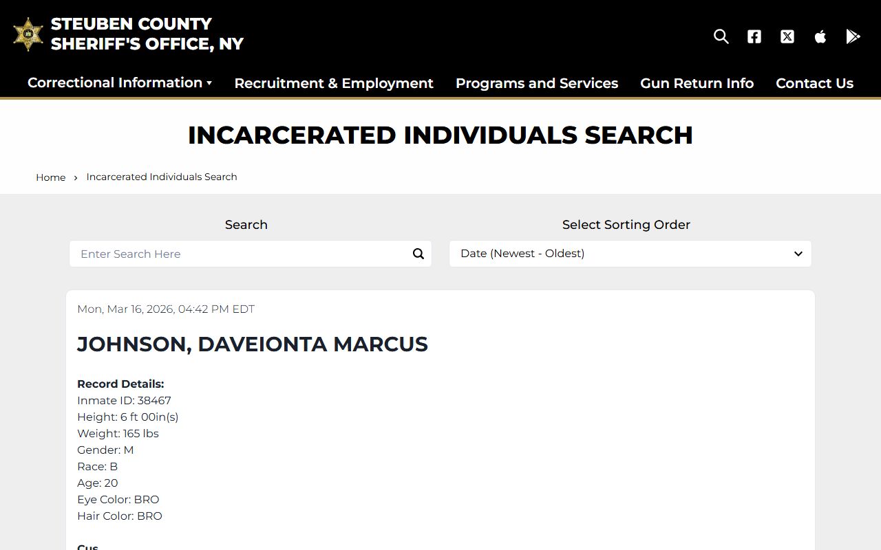 Steuben County Sheriff online inmate search for Steuben County arrest records