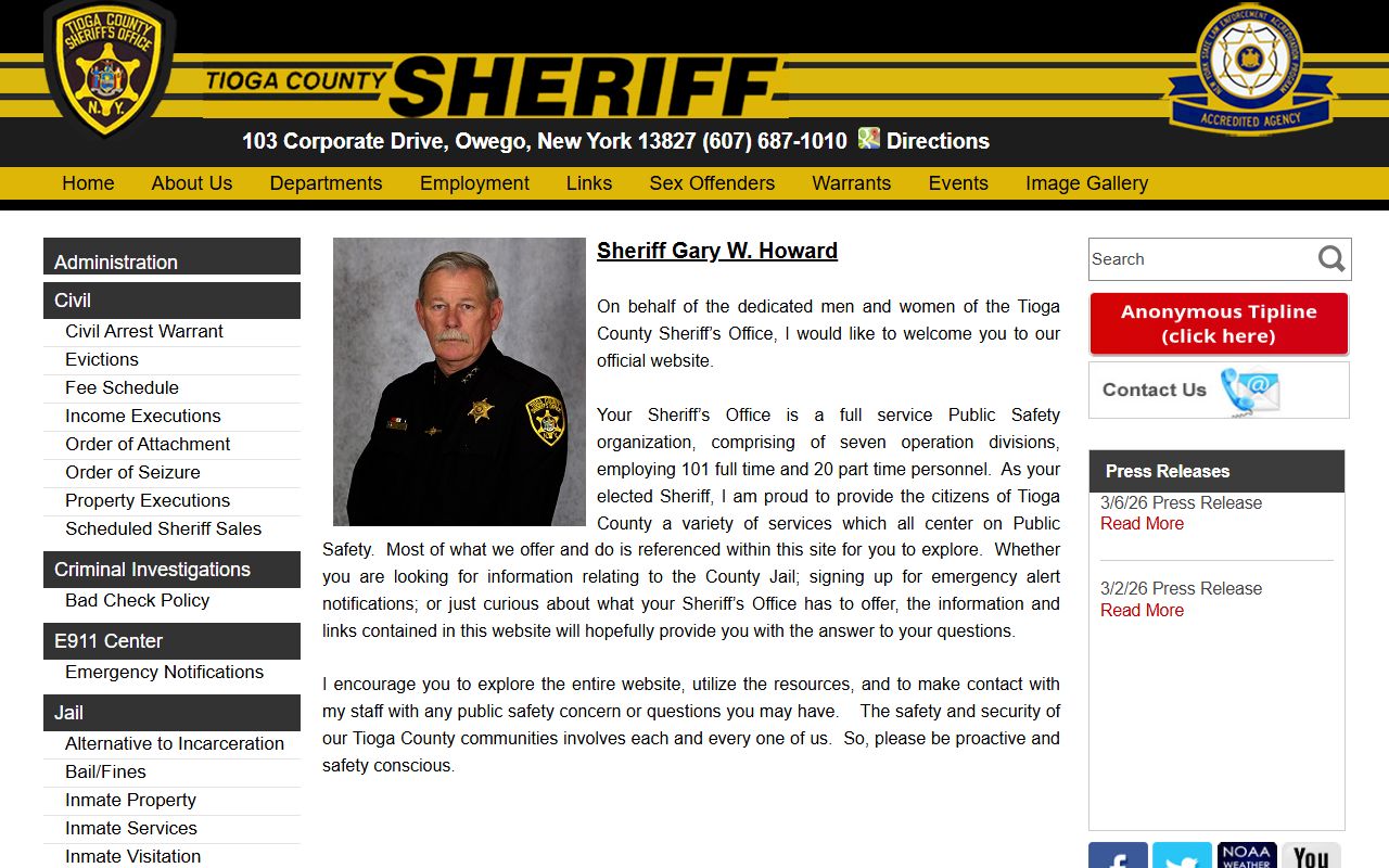 Tioga County Sheriff's Office website for Tioga County arrest records