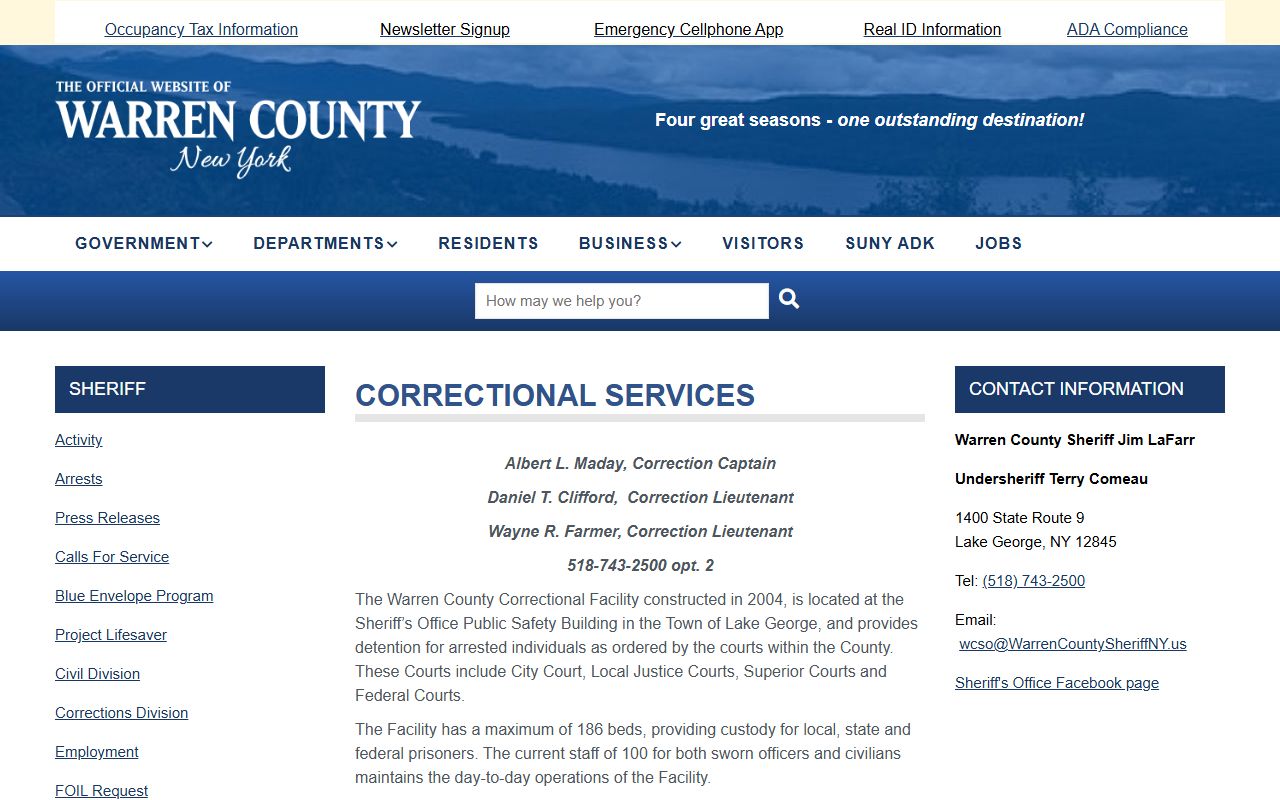 Warren County Correctional Facility page for Warren County arrest records