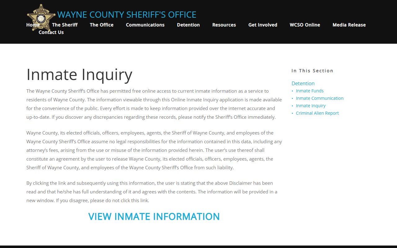 Wayne County Sheriff inmate inquiry tool for Wayne County arrest records