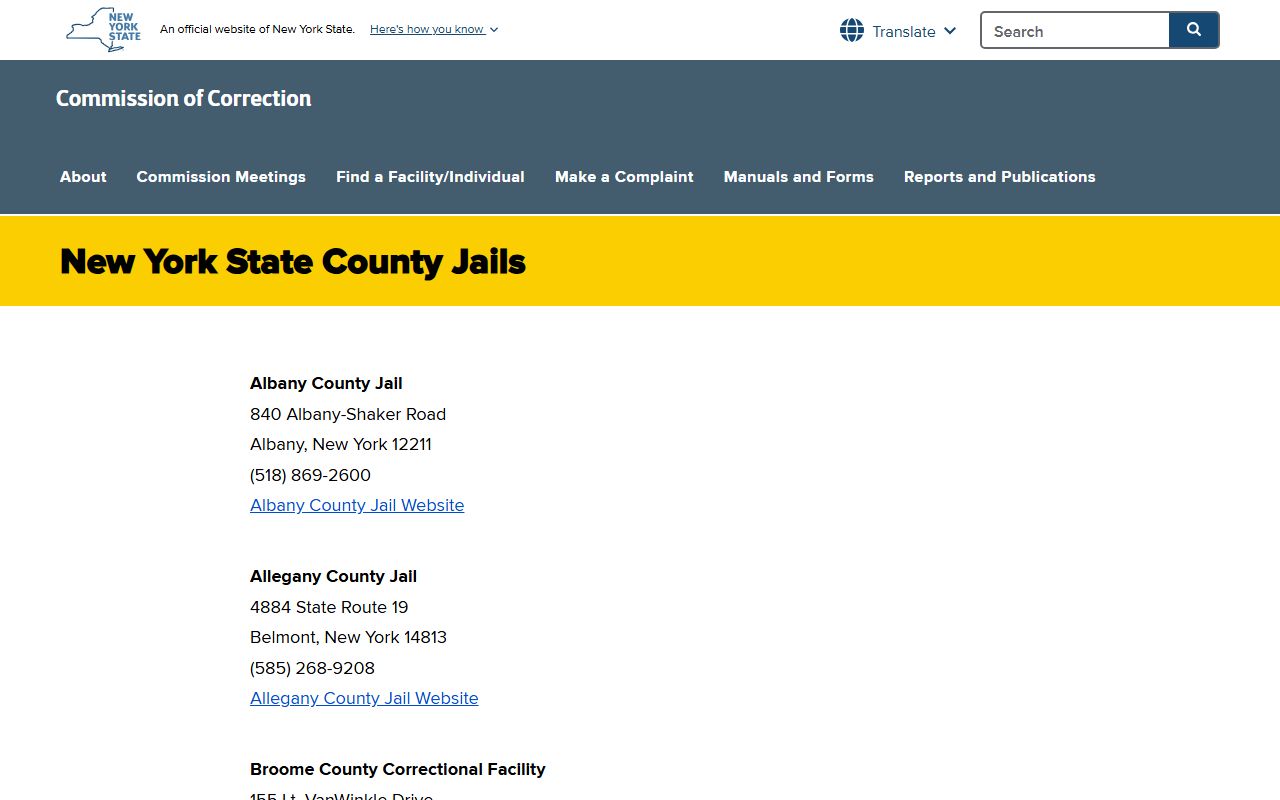 New York Commission of Correction county jail directory
