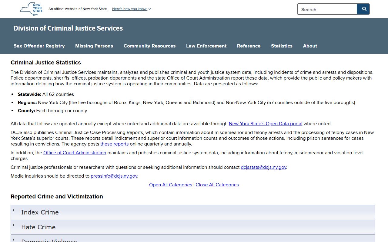 New York DCJS Criminal Justice Statistics page
