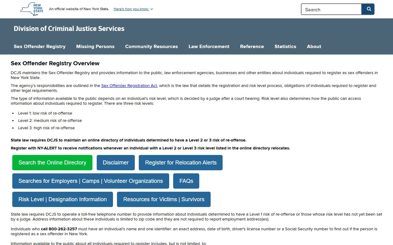 New York Sex Offender Registry search for arrest record information