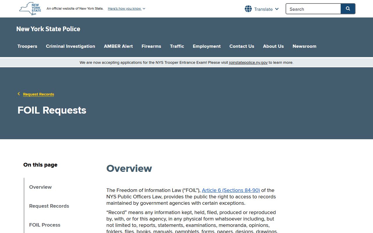 New York State Police FOIL requests page for arrest records